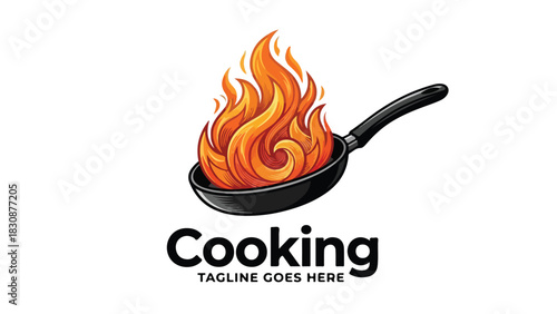Cooking Logo Featuring a Frying Pan with Flames and Text.