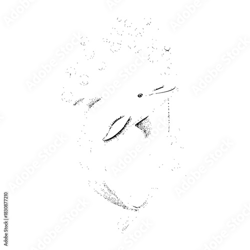Distorted face illustration with closed eyes and an abstract crown of bubbles on a white background