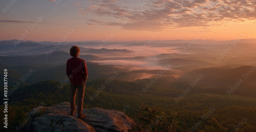 Fototapeta premium Person stands on rocky summit, gazing at sunrise over misty mountain range