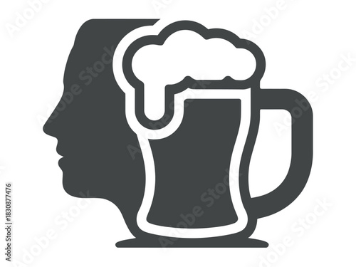 The shadow of a person's head is filled with a frothy beer mug, symbolizing alcohol's impact on thought.