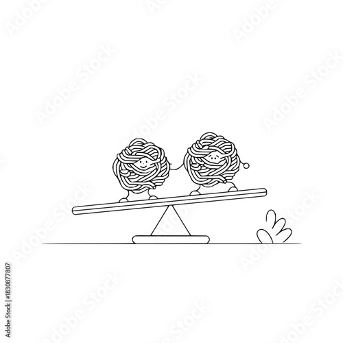 Two doodle spaghetti balls on a seesaw holding hands in a black and white line drawing illustration