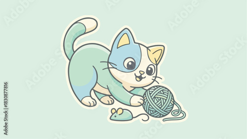 Cute cartoon cat playing with yarn ball and toy mouse.