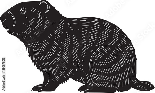Black and white illustration of a groundhog sitting on a white background
