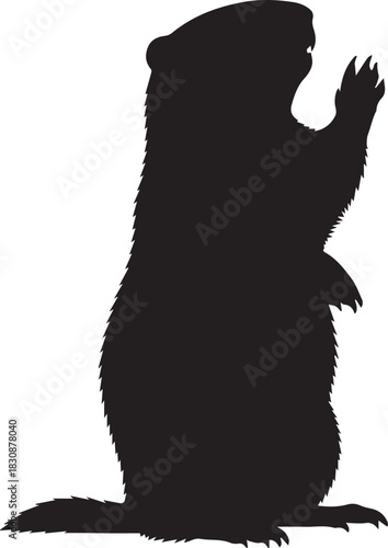 Silhouette of a groundhog standing on its hind legs with one paw raised