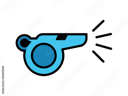 A bright blue whistle is depicted with sound waves emanating from its end, symbolizing a call to attention or action.