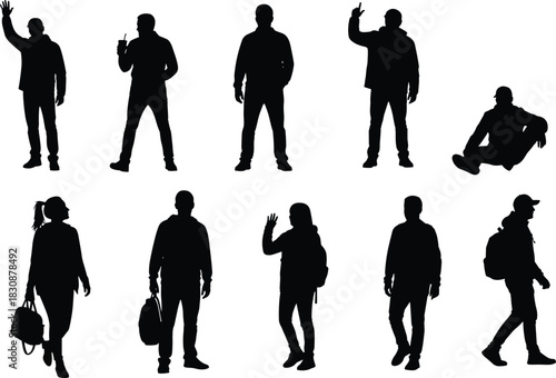 Collection of walking and standing people silhouettes showing various casual poses, gestures, and movements, including waving, sitting, holding bags, and everyday activities