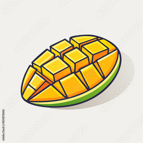 Stylized Yellow Mango Fruit Sliced in Cubes With Green Skin on a White Background