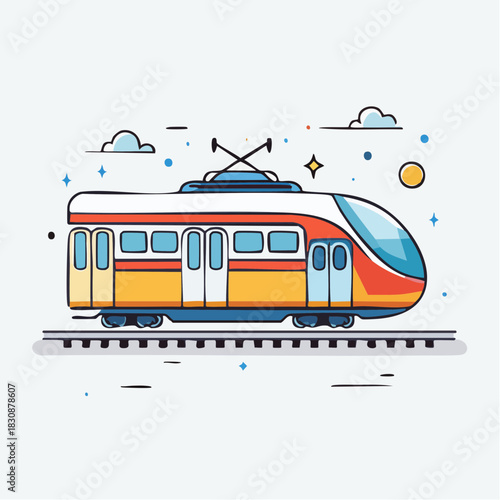 Modern Red Orange and White Electric Train Traveling on Tracks Under a Clear Blue Sky with Small Clouds and Stars