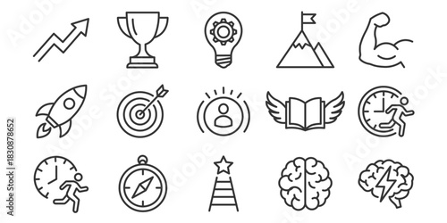 success achievement and motivation icon set line style