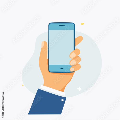 Person Holding Blue Smartphone With Light Blue Screen In A Blue Suit Against A White Background With Subtle Sparkle Accents