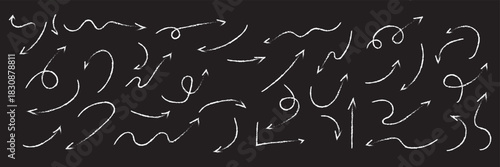 Sketchy arrow with pen, crayon, and chalk effects. Hand drawn style with brush and pencil strokes. Flat vector illustration isolated on white background.