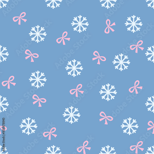 seamless pattern with snowflakes ribbon coquette pink repeat background for Christmas new year 
