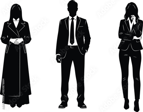 Professional silhouettes of business man and women standing in formal office attire, showcasing corporate style, leadership posture, confidence, teamwork and modern workplace elegance