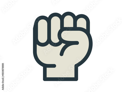 A clenched fist, symbolizing strength, power, and resistance, is raised against a white background.