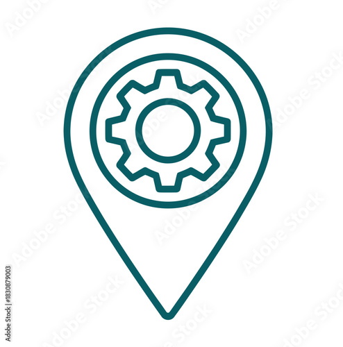 A location pin icon with a gear symbol inside, representing industrial or mechanical services at a specific place.