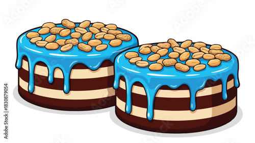 Delicious chocolate cakes with blue icing and peanuts on top tasty dessert.