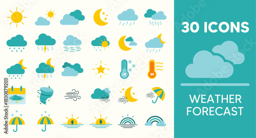 Set of 30 weather web icons in line style. Weather , sun, clouds, moon, rainbow, wind, sunny day, Vector illustration.