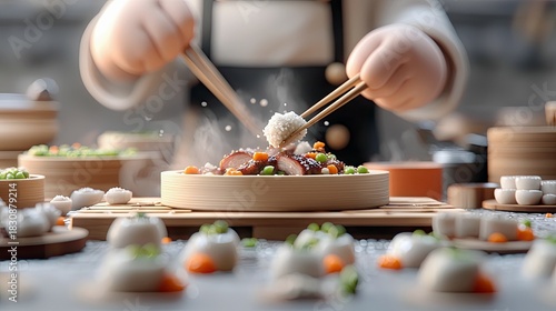 Close-up of a chef's hands using chopsticks to arrange food in a restaurant kitchen. The dish is steaming and surrounded by other food items.