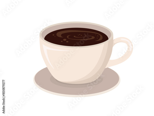 Cup of hot coffee with coffee beans in soft pastel colors on a white background. Warm drink illustration in flat minimalist style. Cozy morning beverage concept. Vector isolated design.