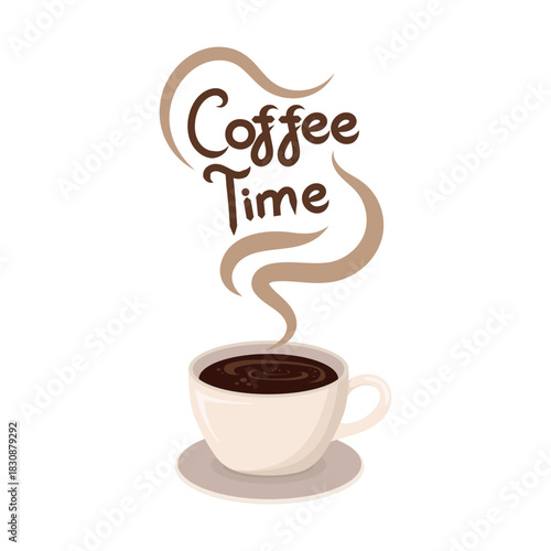 Pastel style “Coffee Time” design with a hot coffee cup and coffee beans. Minimal flat illustration on a white background. Warm morning drink concept.