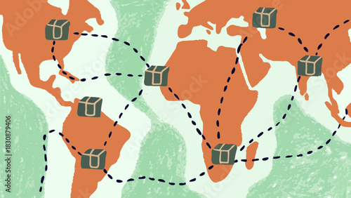 Global Logistics Network Map with Shipping Routes, Packages, and Trade Connections