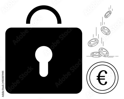 Large lock symbolizing security next to falling coins and euro sign representing savings, investment, financial stability, currency protection, wealth management. Ideal for finance, trust, security