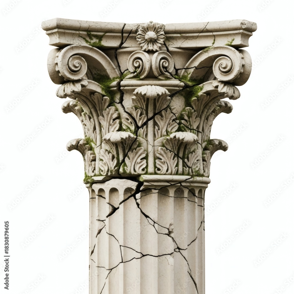 Fototapeta premium An ancient cracked Corinthian column capital with weathered details, isolated on a white background