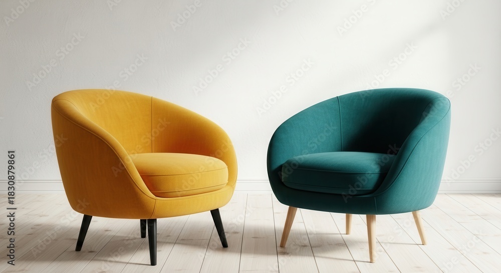 Obraz premium Two colorful accent chairs on a white wall background.