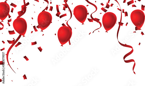 Many falling red tiny confetti and streamer ribbon with balloon on white background