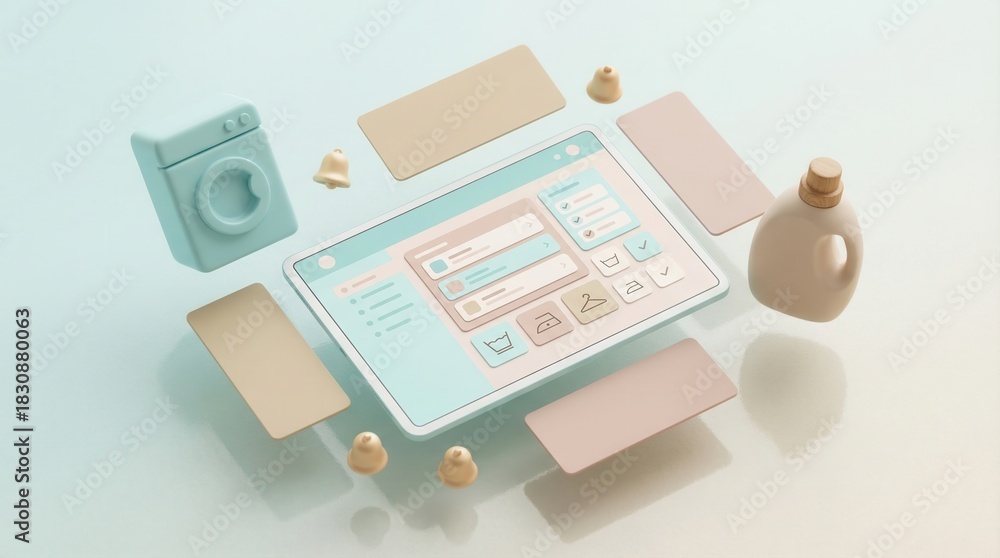 Obraz premium Smart laundry concept with tablet, washing machine, and detergent bottle