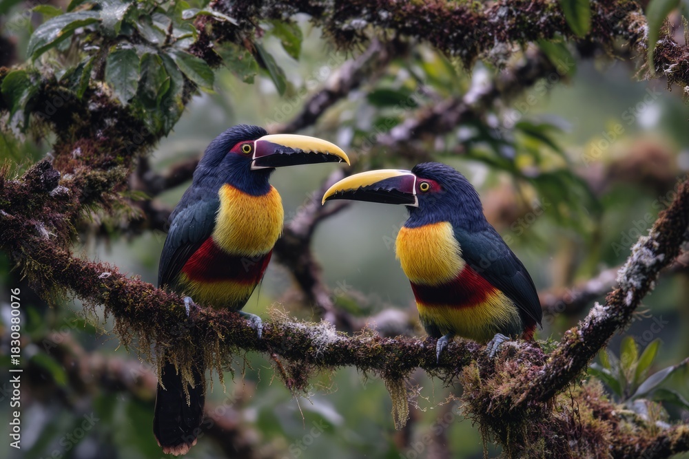 Fototapeta premium Two colorful toucans perched on a mossy branch in a lush forest