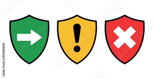 Three shields with symbols indicating go attention and stop on a white background
