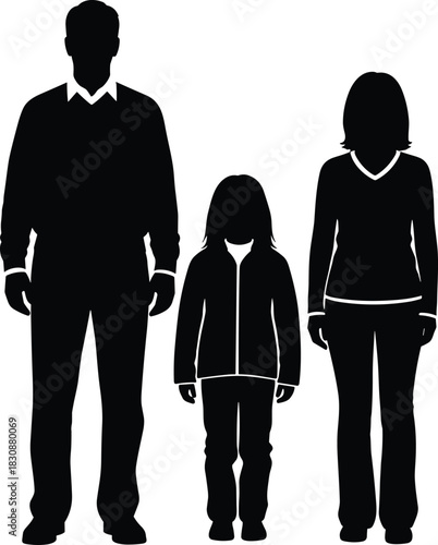 Silhouette of family standing together showing parents and child unity, family support concept, parental guidance illustration, domestic relationship symbol