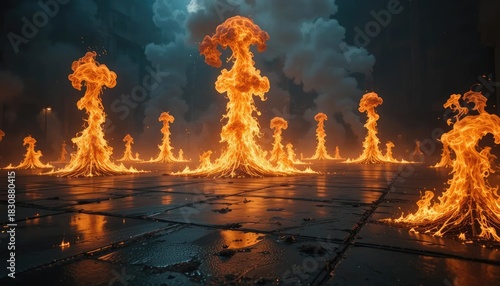 A hellish scene of fiery nuclear explosions reflecting on wet ground under a dark, smoky sky