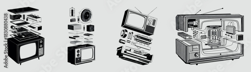 Exploded View Cutaway Illustration of Vintage Electronics TV and Devices