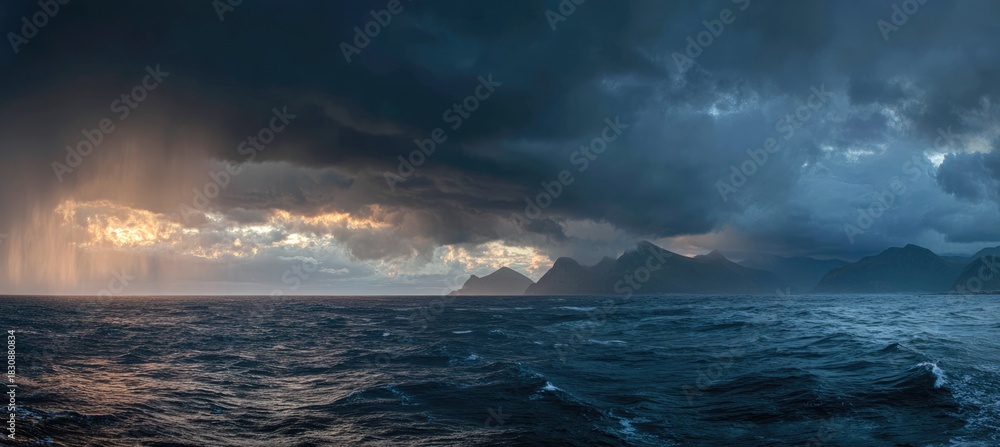 Fototapeta premium Dramatic seascape with stormy clouds and rain