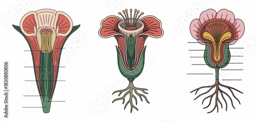 Botanical Cutaway Illustrations of Flowers with Detailed Anatomy
