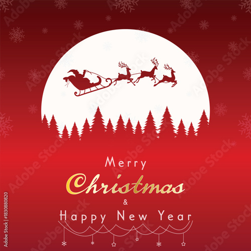 Christmas winter banner with Santa, sleigh and reindeer. Santa is flying through the night sky under the Christmas forest. vector illustration EPS10. Christmas Background or Banner.