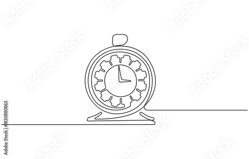 Continuous one line drawing of vintage alarm clock vector design, Clock drawn symbol, Single line art continuous icon, Hand drawn vector illustration.