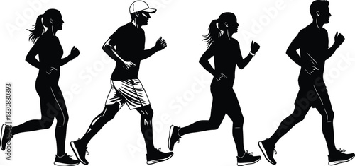 Silhouettes of active men and women running in athletic outfits, showcasing fitness, exercise, jogging motion, healthy lifestyle, outdoor sport and dynamic movement