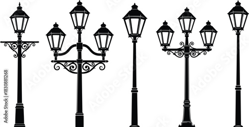 Collection of vintage street lamp silhouettes featuring classic ornate designs, decorative lantern posts, urban lighting elements and retro outdoor illumination concepts