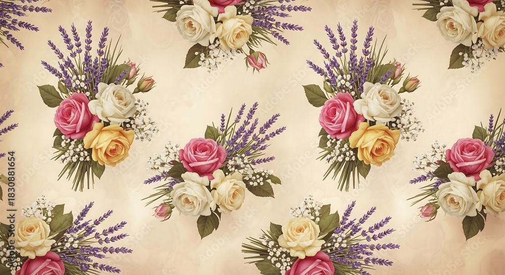Fototapeta premium A repeating pattern of elegant floral bouquets featuring pink, yellow, and white roses with lavender sprigs and baby's breath on a textured cream background