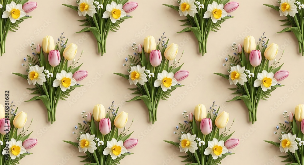 Obraz premium A repeating pattern of fresh floral bouquets featuring tulips, daffodils, and delicate filler flowers on a soft cream background