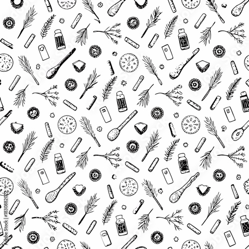 Food seamless pattern. Vector illustration in sketch style. Vintage background for restaurant menu and decoration