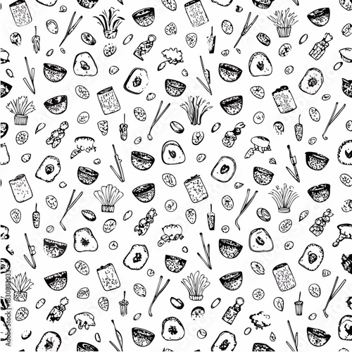 Food seamless pattern. Vector illustration in sketch style. Vintage background for restaurant menu and decoration