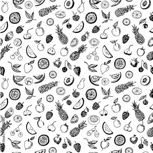 Food seamless pattern. Vector illustration in sketch style. Vintage background for restaurant menu and decoration