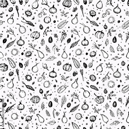 Food seamless pattern. Vector illustration in sketch style. Vintage background for restaurant menu and decoration