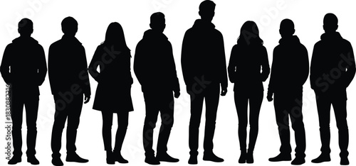 Silhouettes of diverse group of people standing together in casual clothing, representing community, unity, teamwork, social connection and modern lifestyle concept illustration