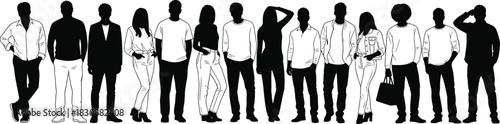Silhouettes of diverse people standing in a row, modern group illustration showing fashion, unity, community, individuality, lifestyle concept for design