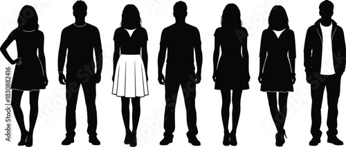 Silhouettes of diverse men and women standing together in various casual poses, representing group people concept, modern fashion and urban lifestyle